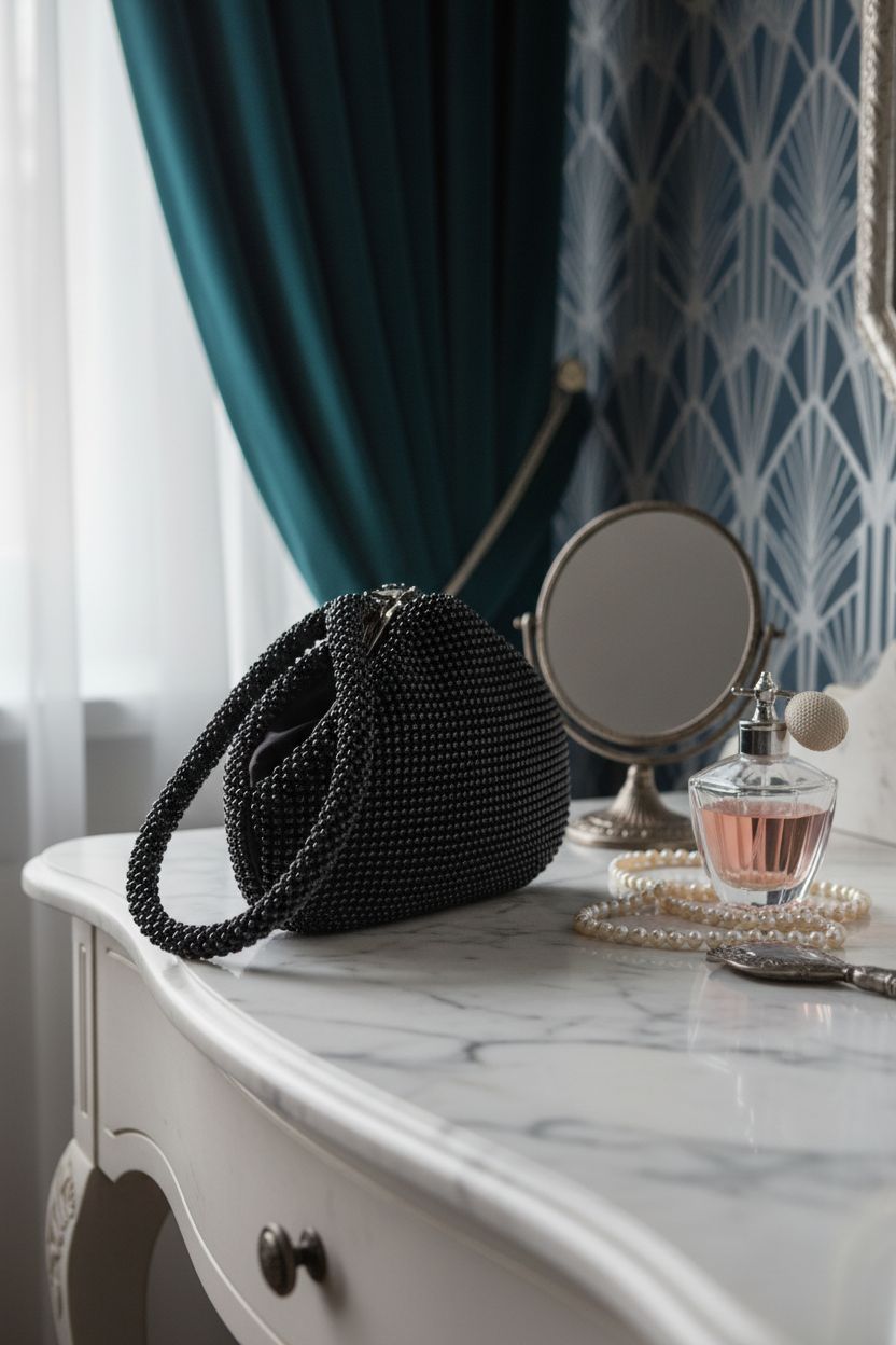 BABEYOND beaded triangular clutch on a marble vanity, enhancing a vintage 1920s dressing room aesthetic