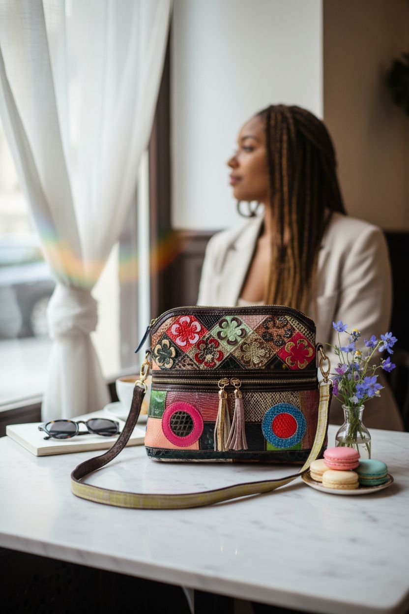 Eysee crossbody bag resting in a serene café setting, ideal for stylish moments and colorful days.