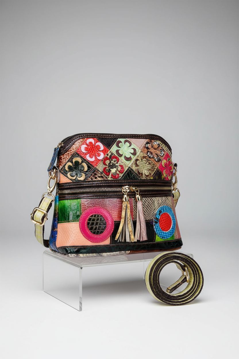 Eysee multicolor leather handbag displayed in a clean studio, highlighting its vibrant design and quality.
