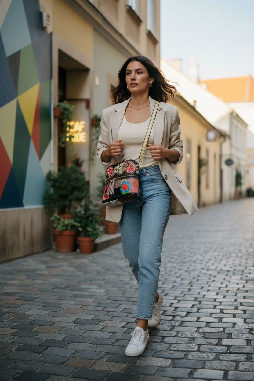 Eysee multicolor crossbody bag showcased in a sunlit cobblestone setting, perfect for casual outings.