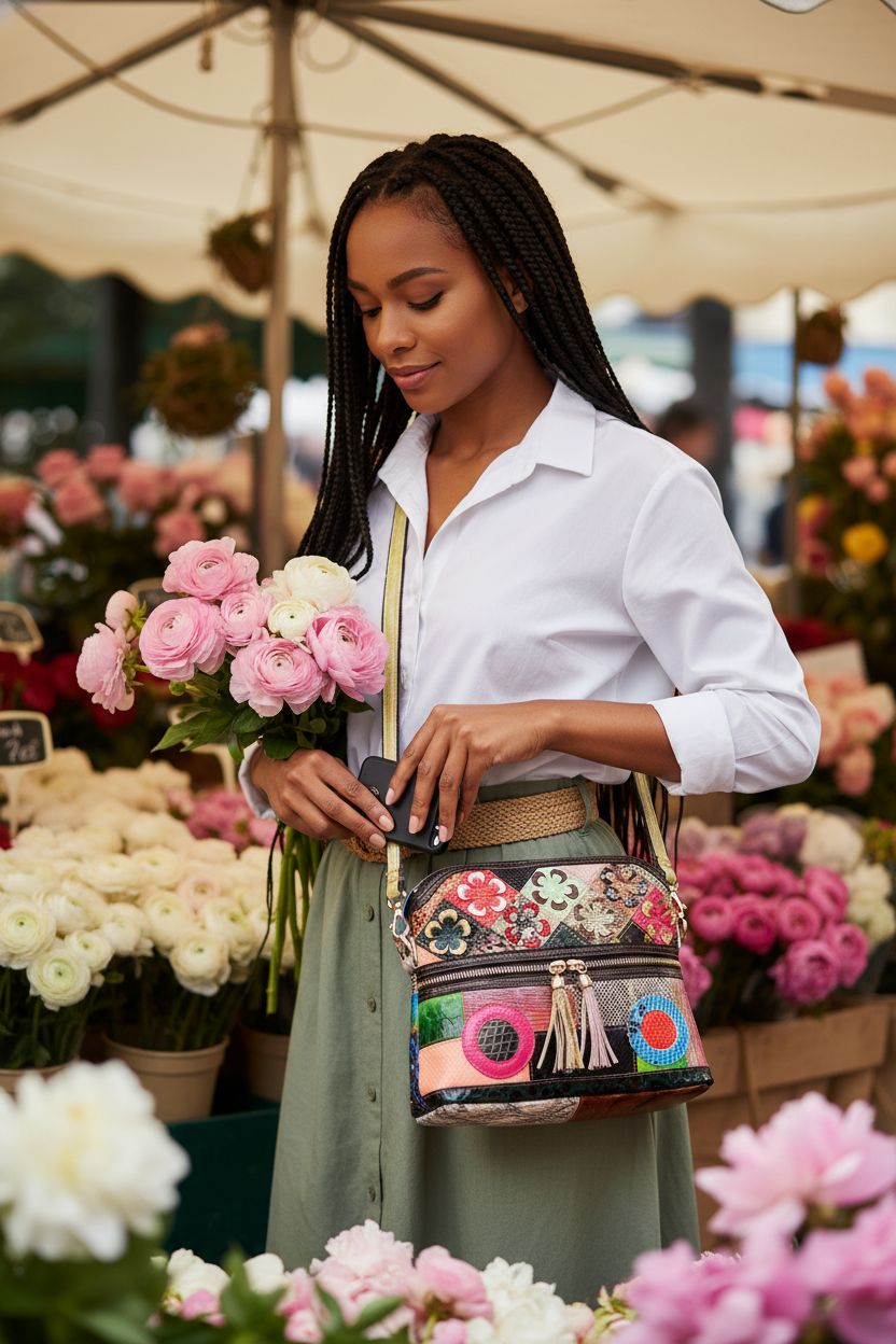 Eysee colorful purse being used at a flower market, blending practicality with vibrant style.