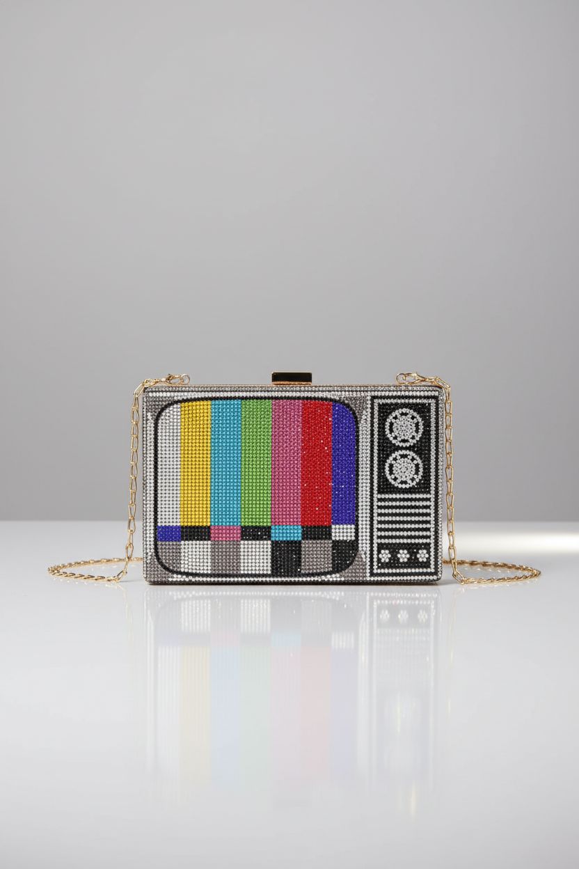 Close-up of Renabro Women Retro TV Shape Crossbody Bag showcasing rhinestones and clasp