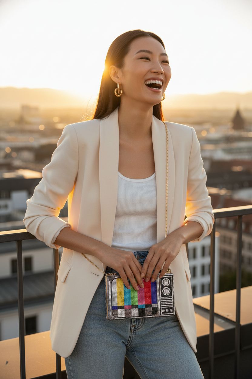 Renabro Women Retro TV Shape Crossbody Bag sparkling with rhinestones against sunset backdrop