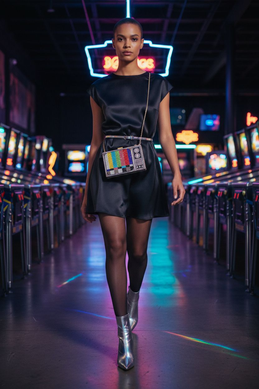 Renabro Women Retro TV Shape Crossbody Bag in vibrant rainbow colors at neon arcade