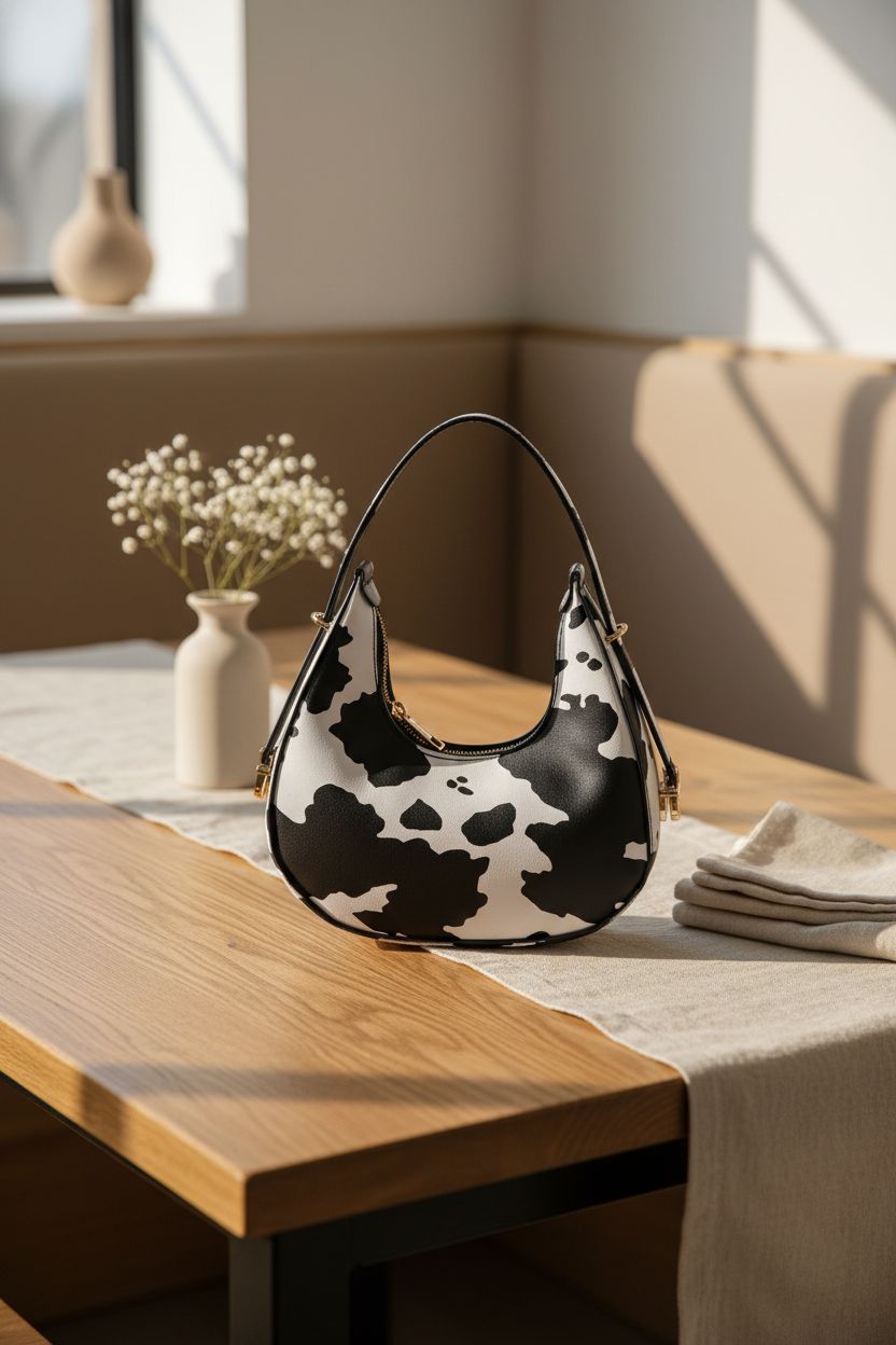 Cozy scene with PURFANREE cow print bag, showcasing its elegant faux leather texture.