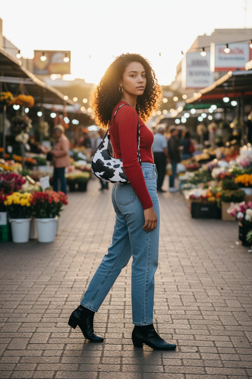 Trendy cow print purse by PURFANREE, ideal for market strolls and casual wear.
