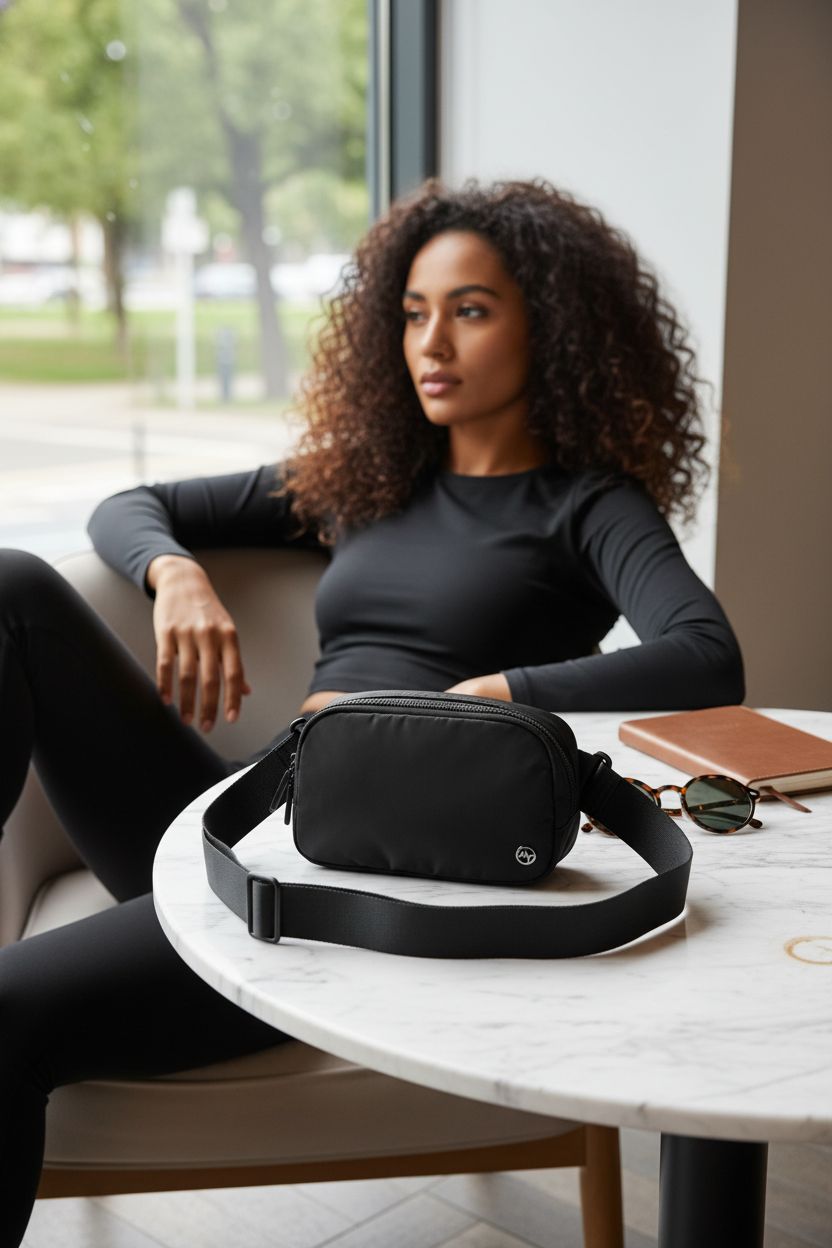 Pander black crossbody bag on a marble table, next to a notebook and coffee, highlighting its casual style.