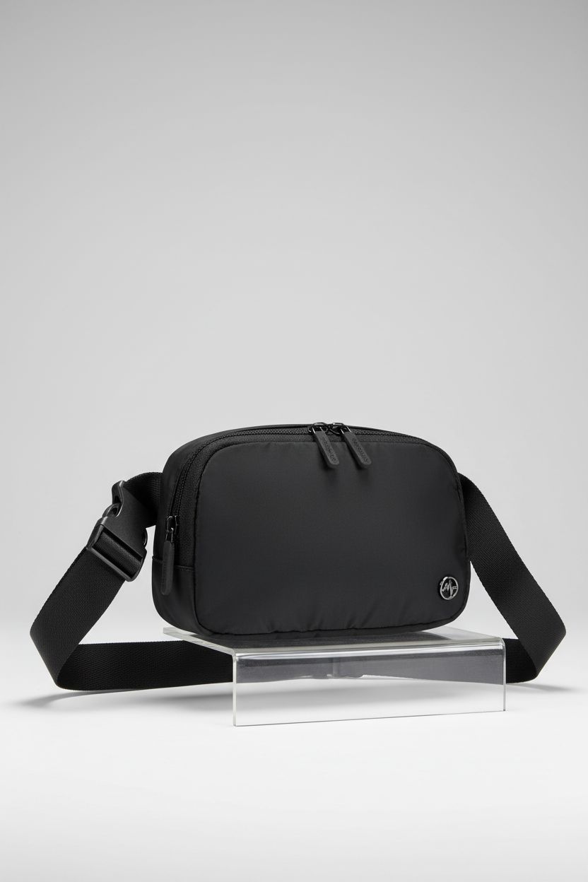 Pander black crossbody bag displayed on a pedestal, showcasing its sleek design and adjustable strap.