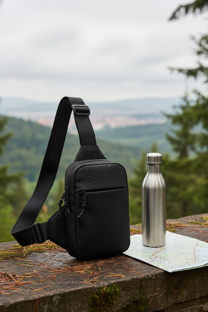 Simptech Mini Crossbody Sling Bag on a stone slab in a forest, showing water beads and outdoor trail essentials.