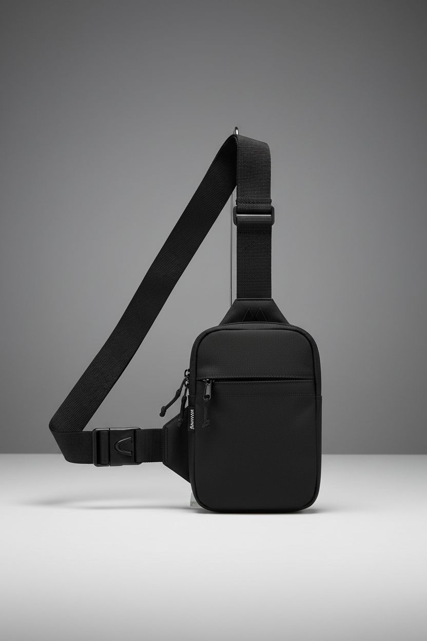 Simptech Mini Crossbody Sling Bag displayed in a studio setting, highlighting its sleek design and quick-release buckle.