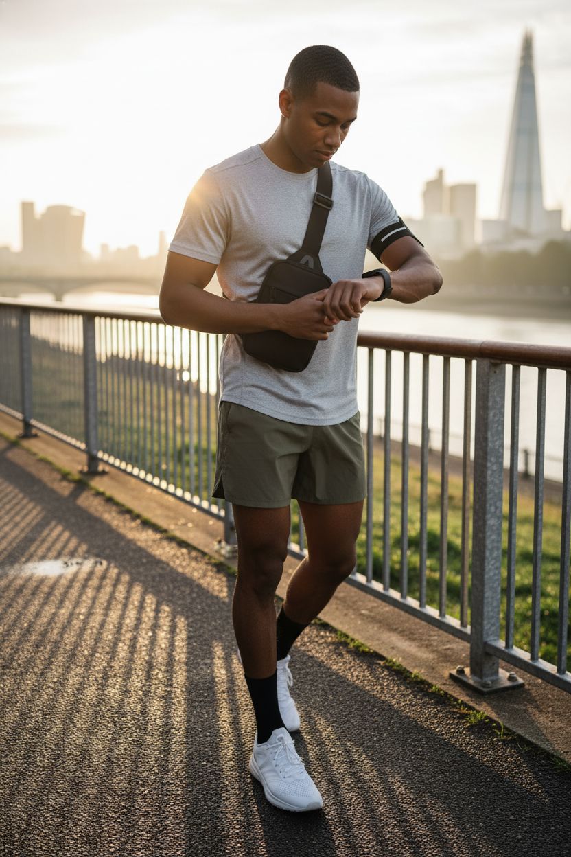 Simptech Mini Crossbody Sling Bag in black worn by a runner in a riverside park at sunrise, highlighting water resistance.