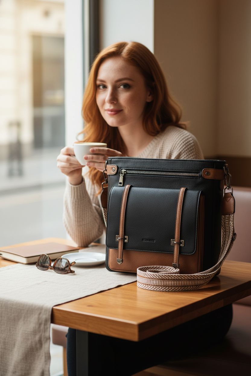 Roulens crossbody bag elegantly placed on a café table, highlighting its stylish design.