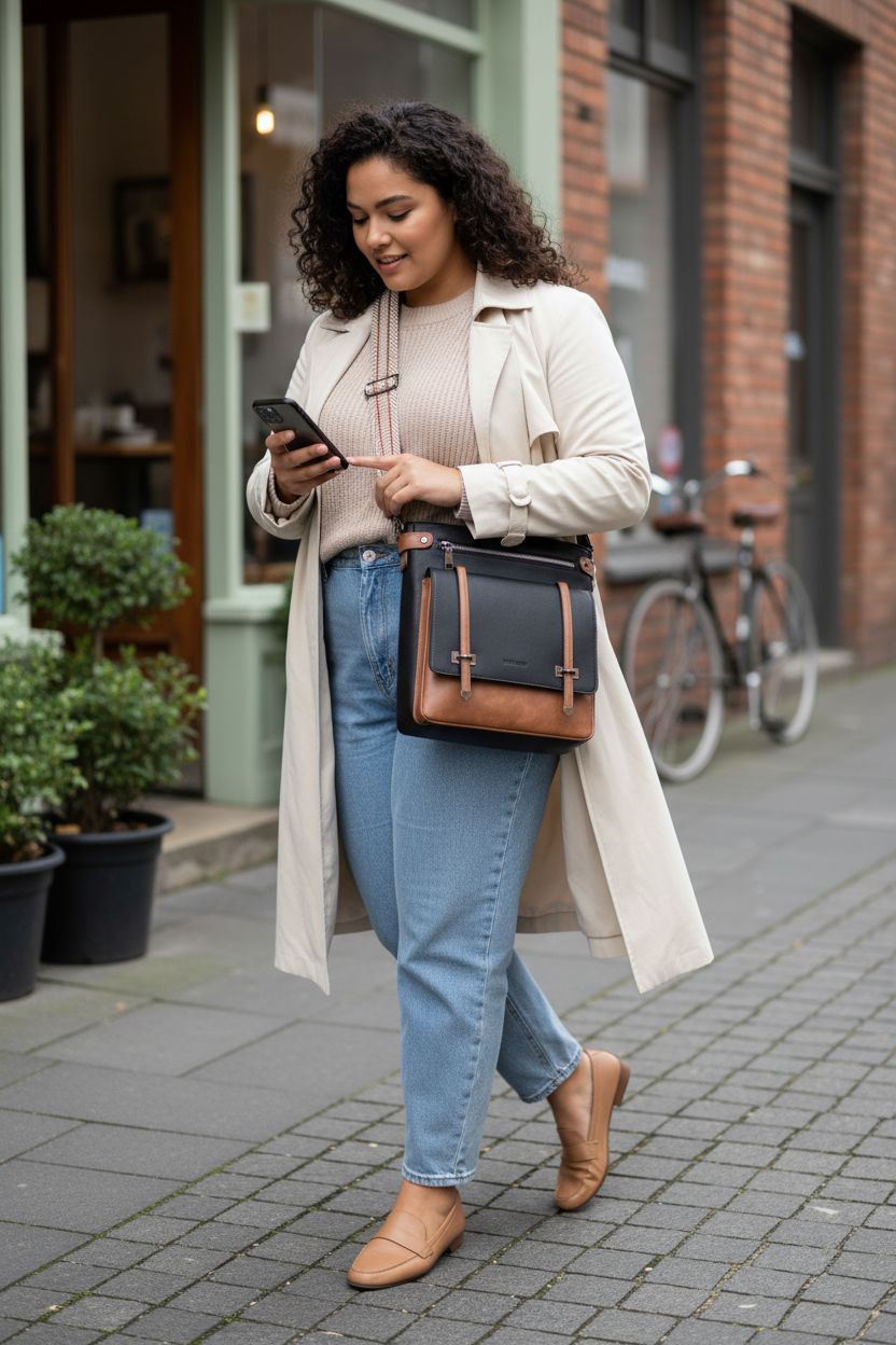 Roulens multi-pocket crossbody purse with a chic black body and caramel trim.