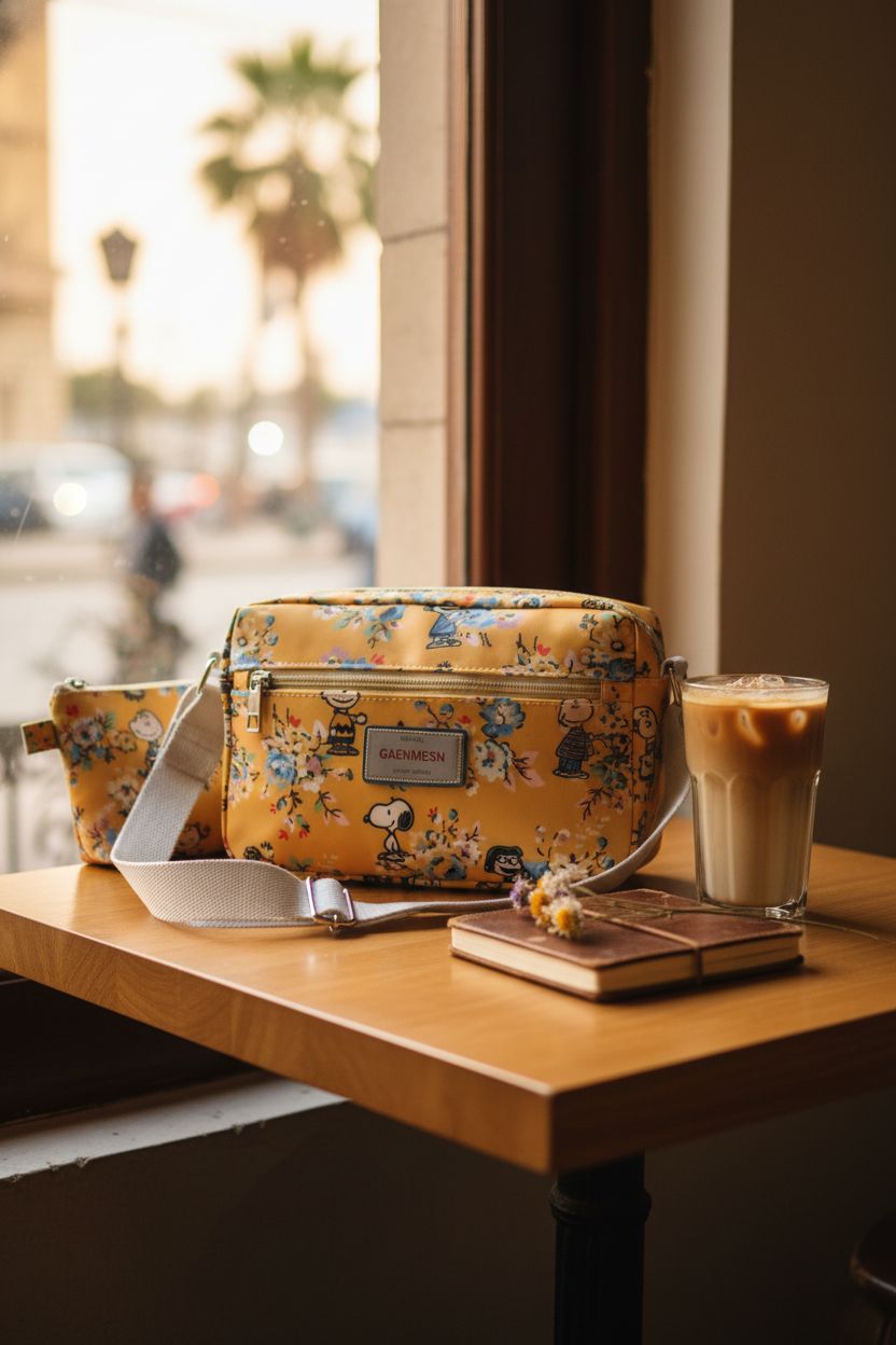 Water-resistant floral crossbody bag by GAENMESN beside a latte in a cozy café setting.