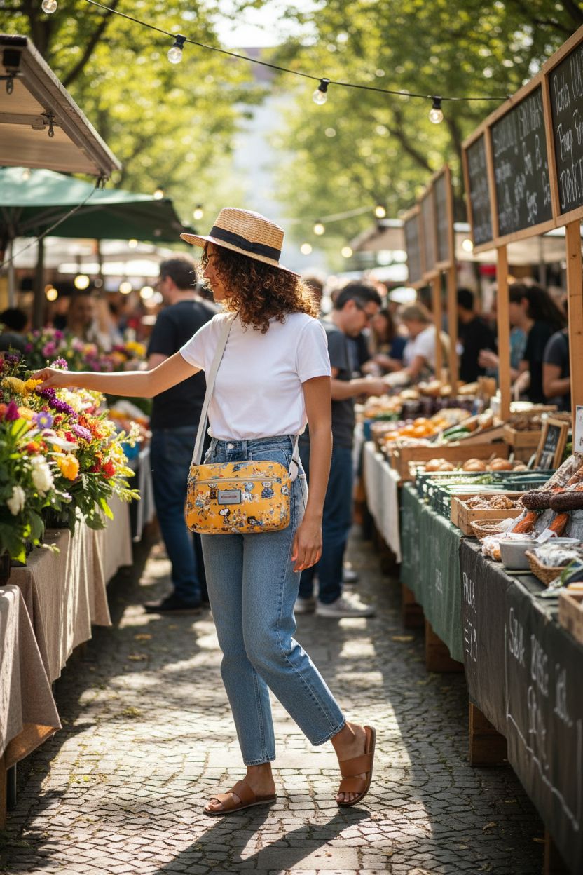 Floral print crossbody bag by GAENMESN at a sunlit market, perfect for casual outings.