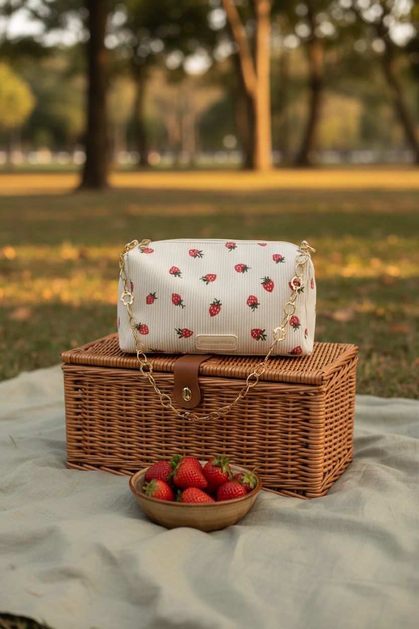 POYIPI cute purse on a picnic blanket with strawberries in a park scene