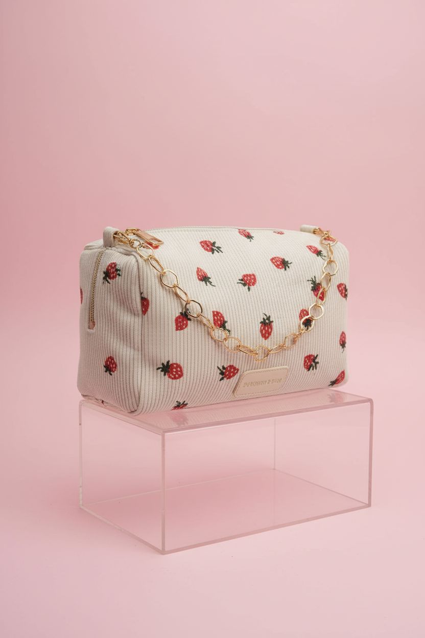 Close-up of POYIPI cute corduroy bag showcasing strawberry motifs and gold chain