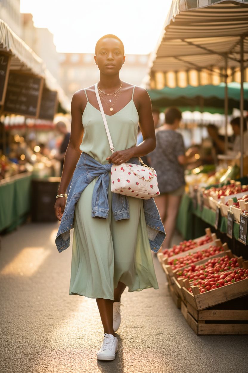 POYIPI cute crossbody bag with strawberry print displayed at a farmer's market