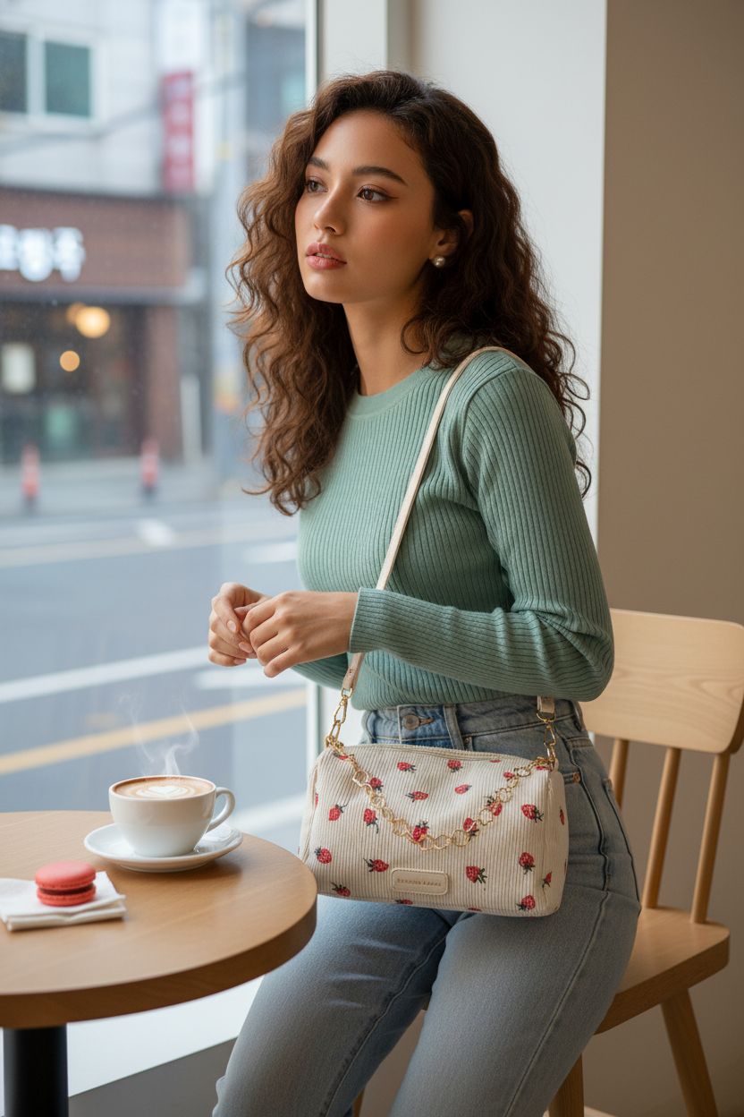 POYIPI white corduroy purse with gold chain strap in a cozy café setting