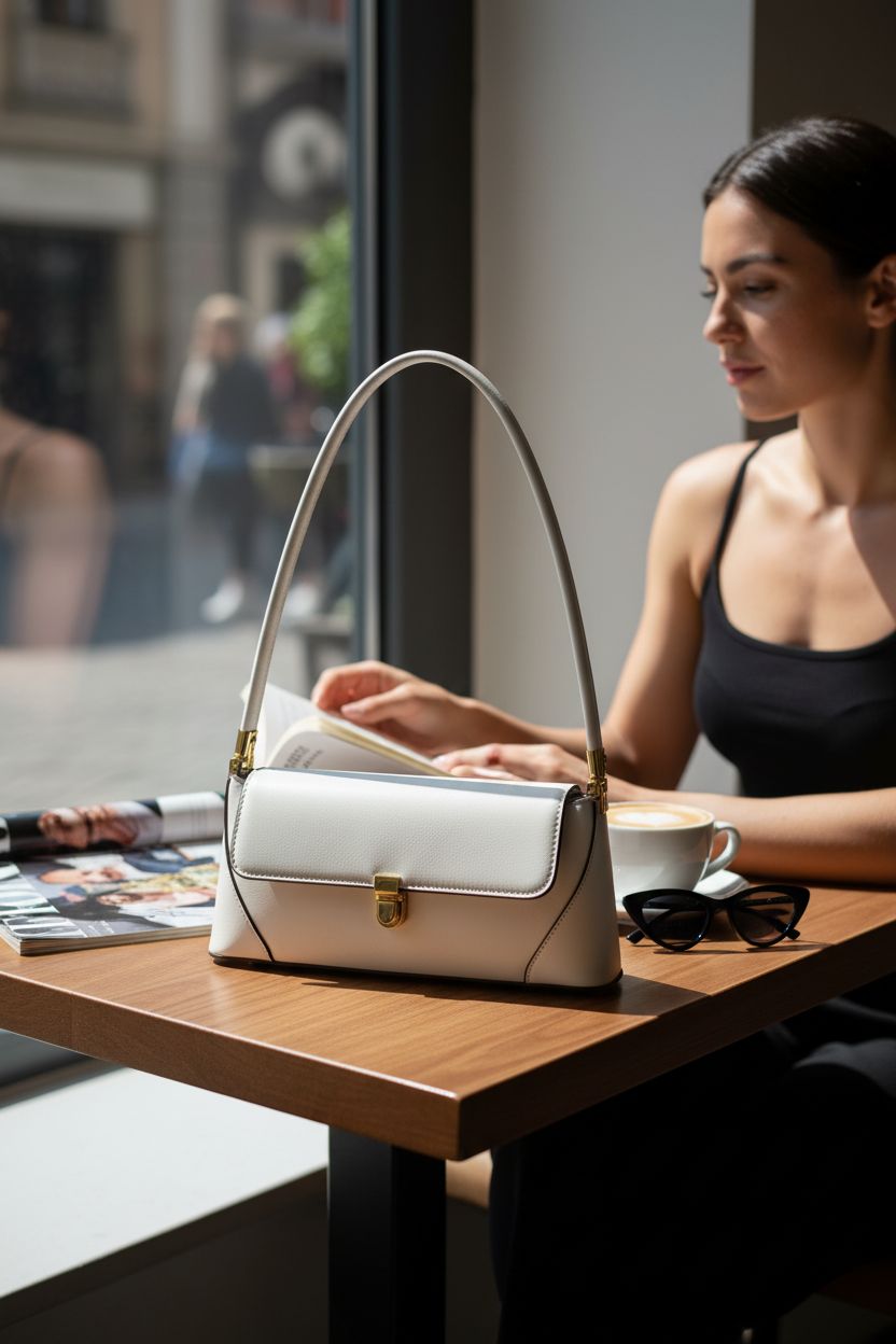 WSRYDJDL white mini hobo purse beside coffee and magazine in café