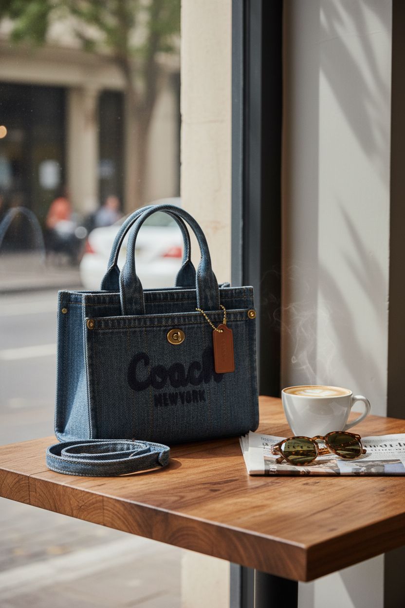 Coach Cargo Tote 20 in indigo denim resting on a café table, exuding casual sophistication.
