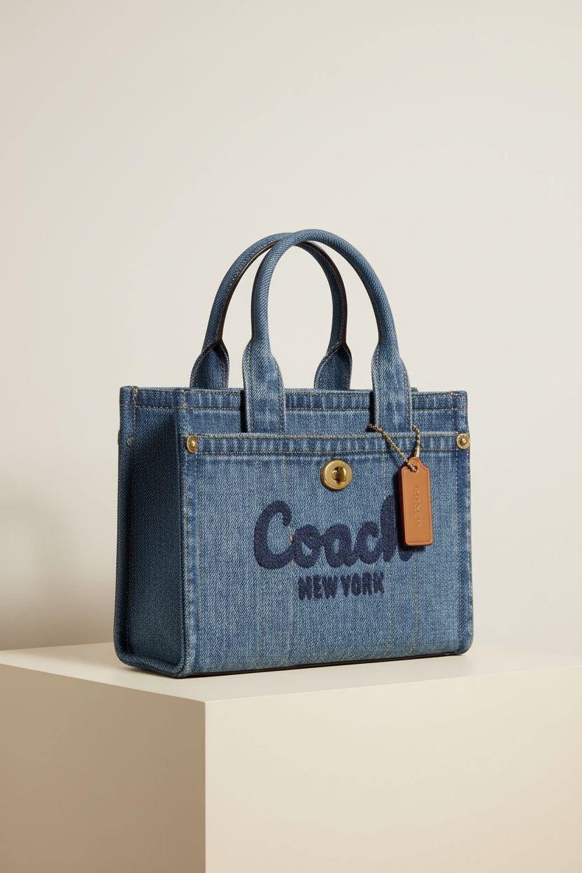 Coach Cargo Tote 20 in indigo denim showcased with detailed craftsmanship and design.