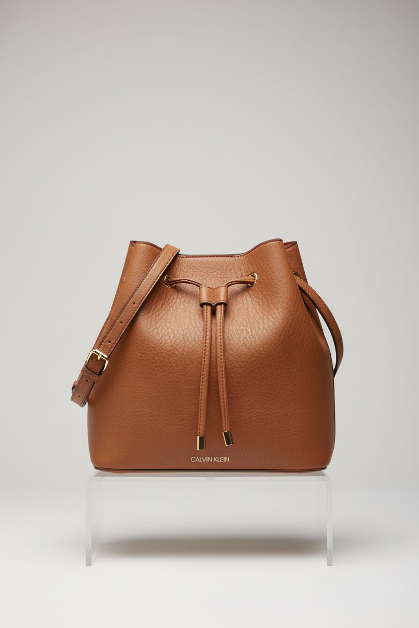 Calvin Klein Gabrianna Bucket Shoulder Bag displayed on an acrylic riser showcasing its design.
