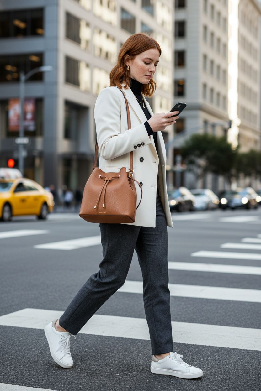 Calvin Klein Gabrianna Novelty Bucket Bag in caramel, worn crossbody while out and about.