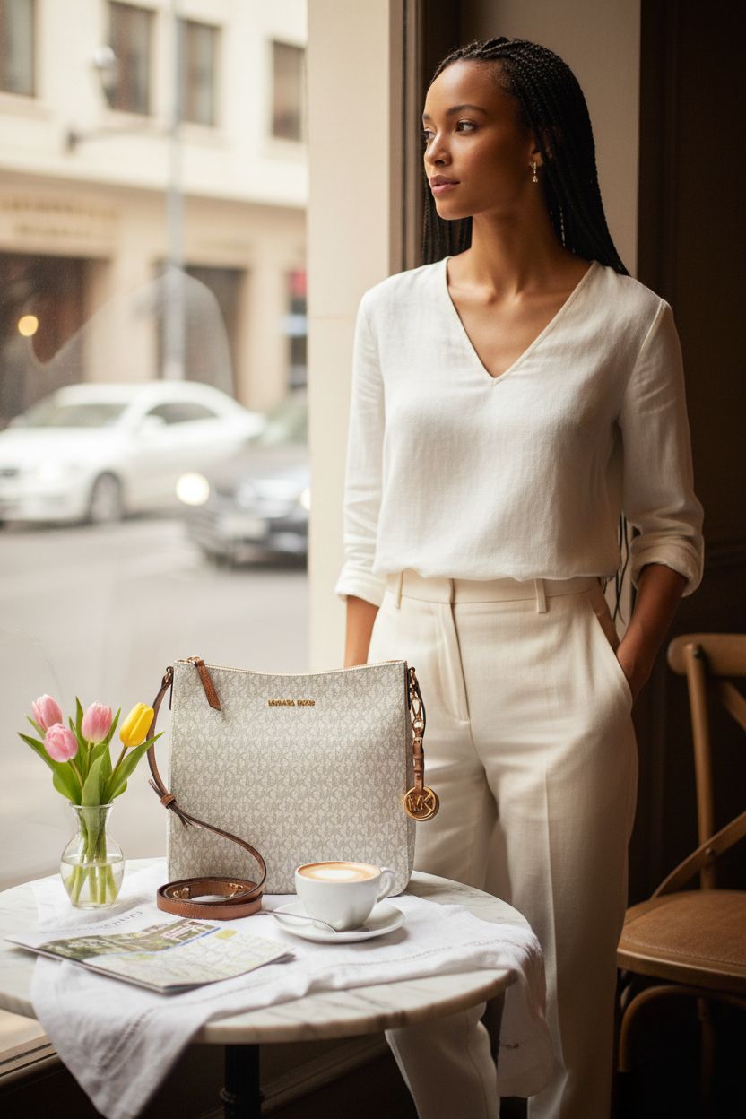 Michael Kors Jet Set Messenger Bag on a marble table next to a latte, capturing a cozy café vibe.
