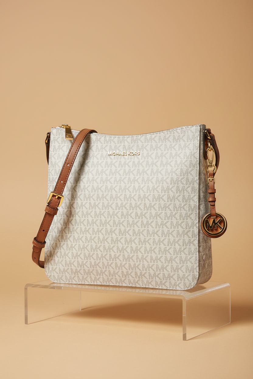 Detailed view of Michael Kors Women's Jet Set Large Messenger Bag featuring gold-tone hardware and quality stitching.