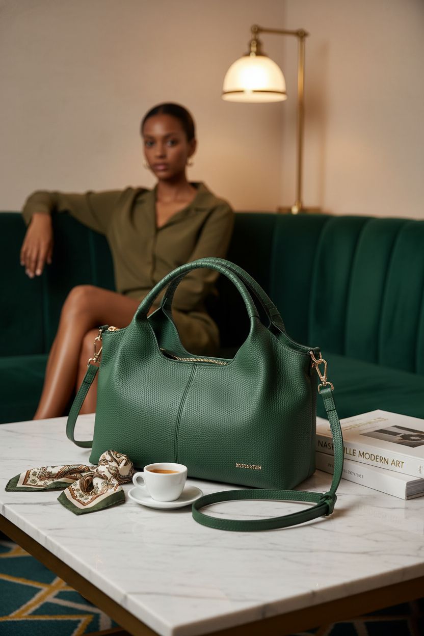 BOSTANTEN dark green satchel purse on marble table in hotel lounge