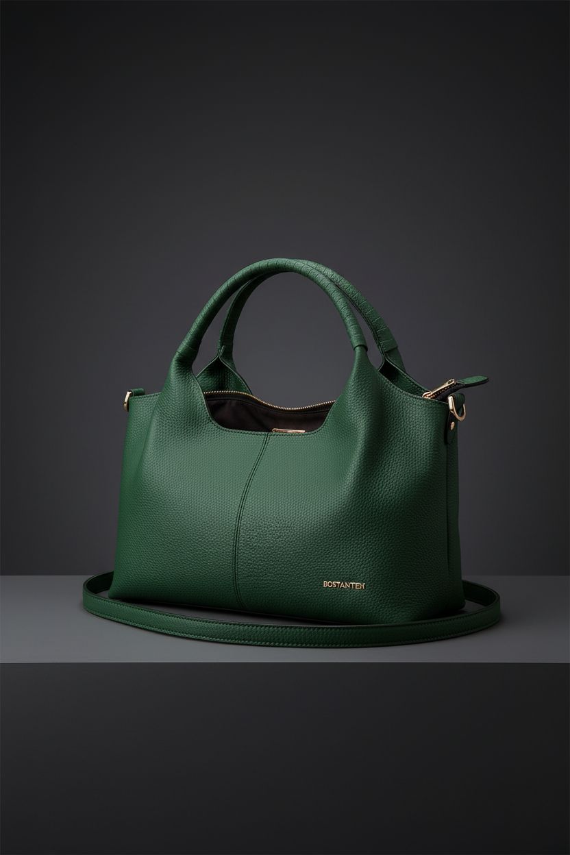 BOSTANTEN dark green leather satchel showcasing craftsmanship in studio