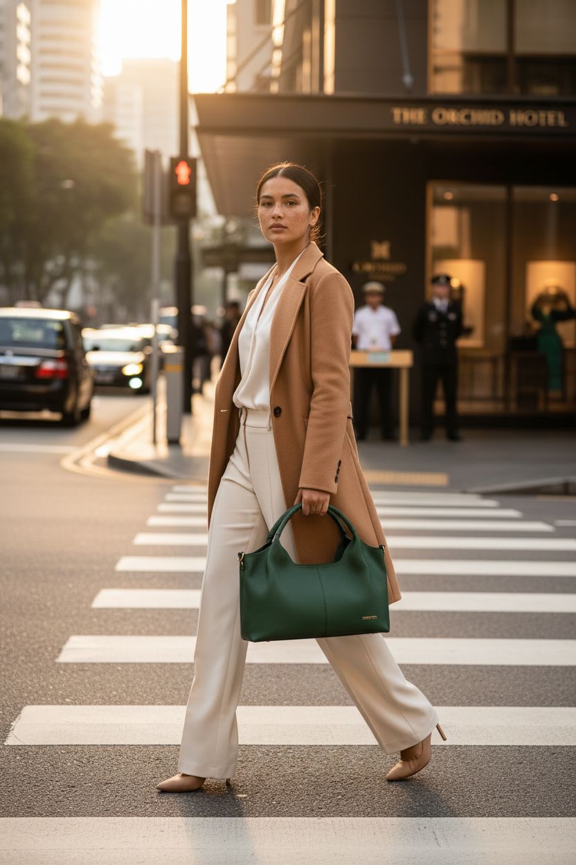 BOSTANTEN dark green leather satchel purse on a luxury hotel boulevard