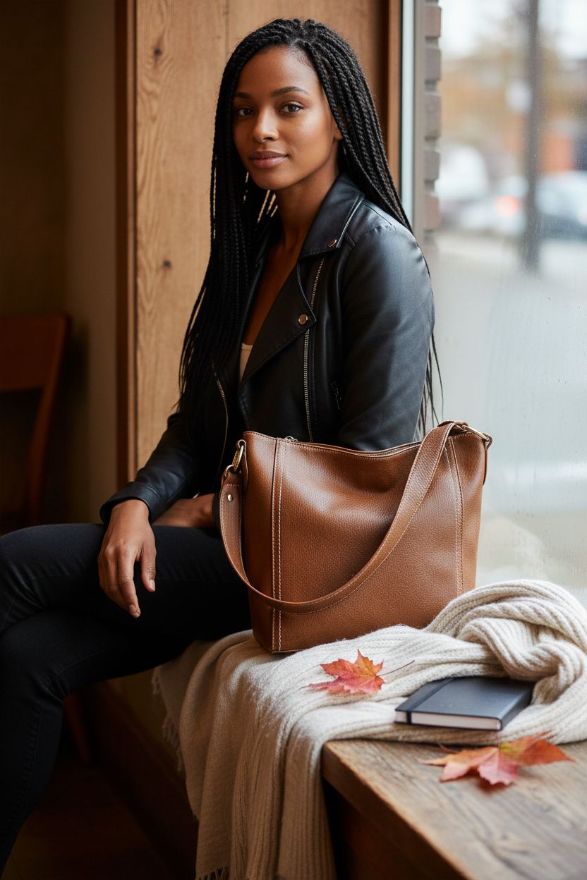 Montana West cognac hobo bag beside warm decor in a cozy café setting with fall leaves.