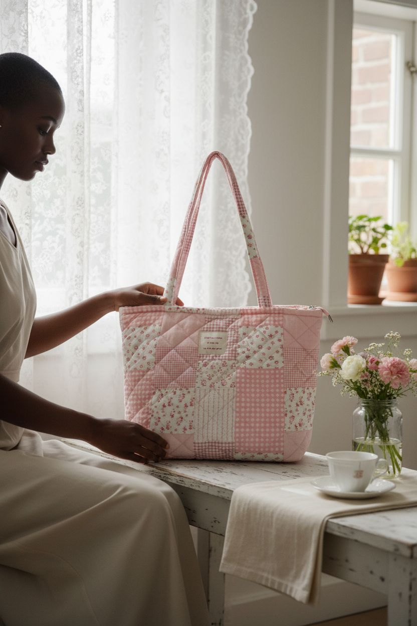 Cozy setting with Modacarry floral quilted tote on a bench, showcasing its elegant design and functionality.