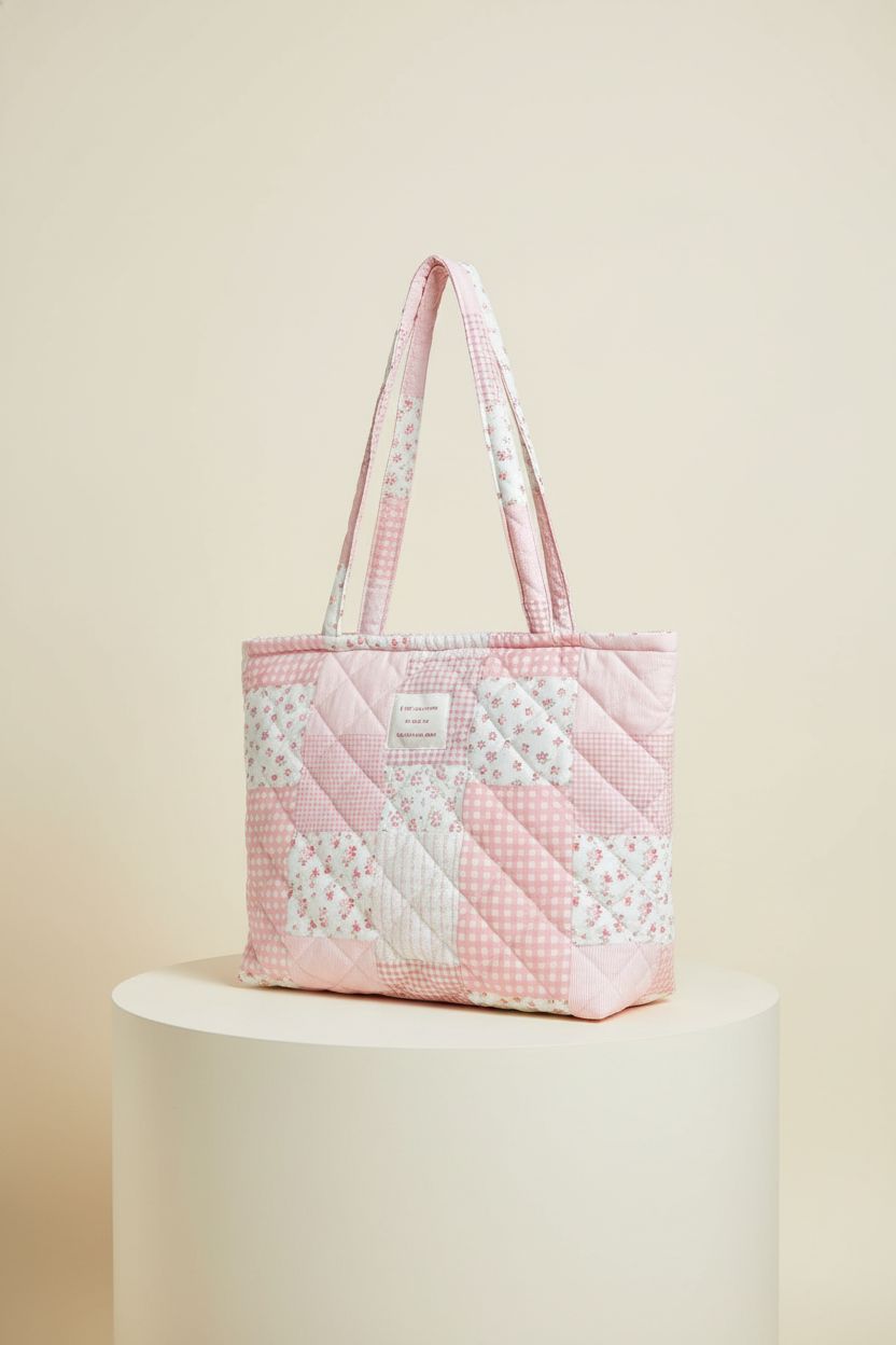 Close-up of Modacarry pink patchwork tote bag highlighting its quilting, zipper closure, and stylish design.