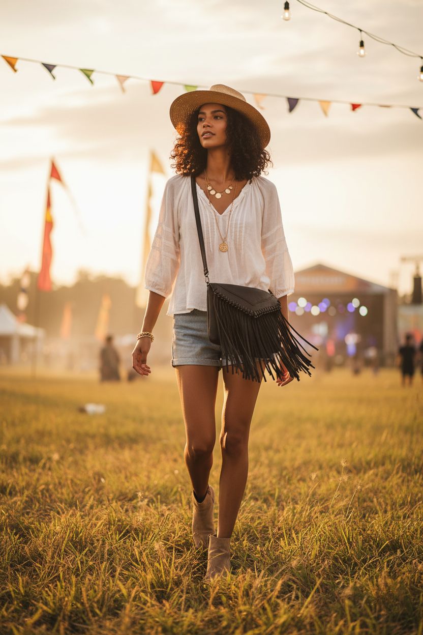HDE Black Fringe Crossbody Purse showcased against a festival sunset backdrop