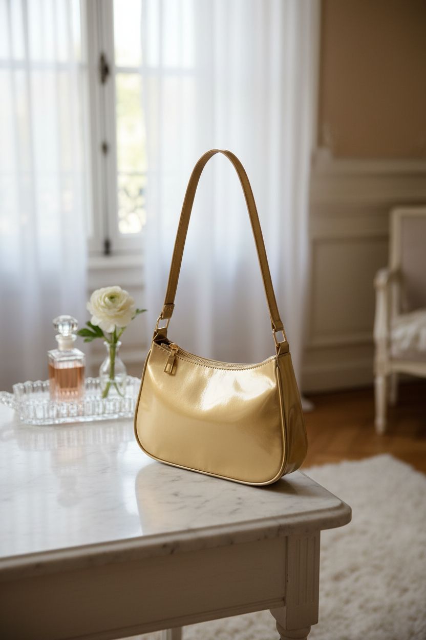 Gold patent leather handbag by Generic on a serene bedroom vanity.