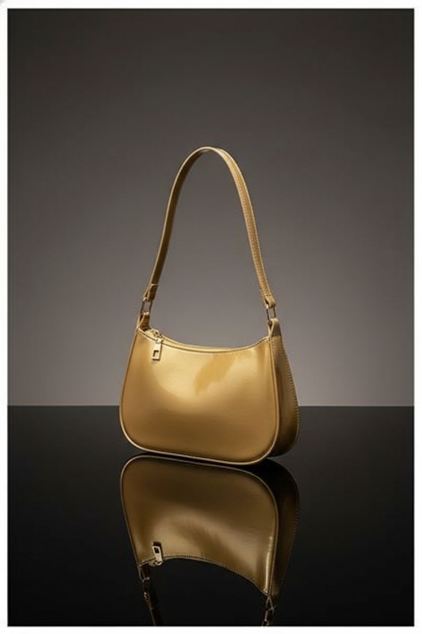 Gold patent leather clutch purse by Generic on black acrylic backdrop.