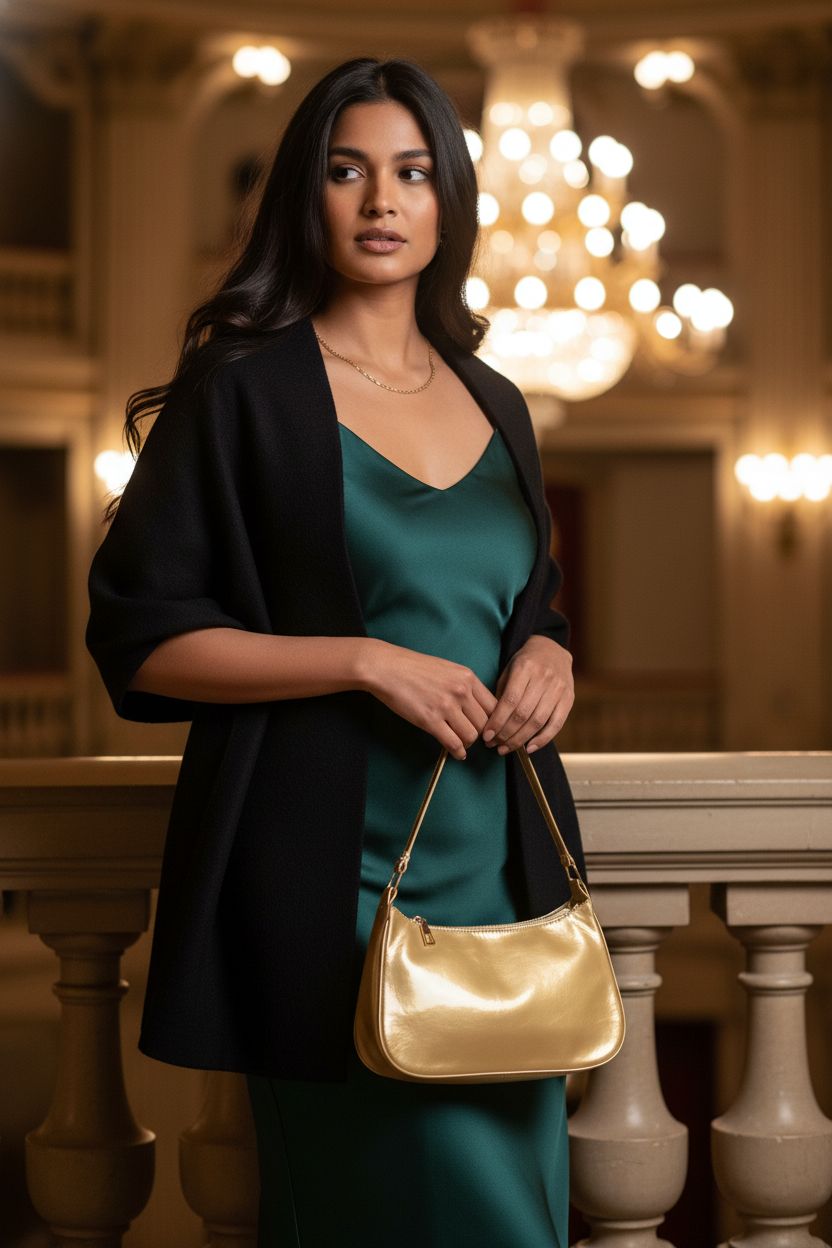 Elegant gold patent leather clutch purse underarm bag by Generic in a theater lobby.