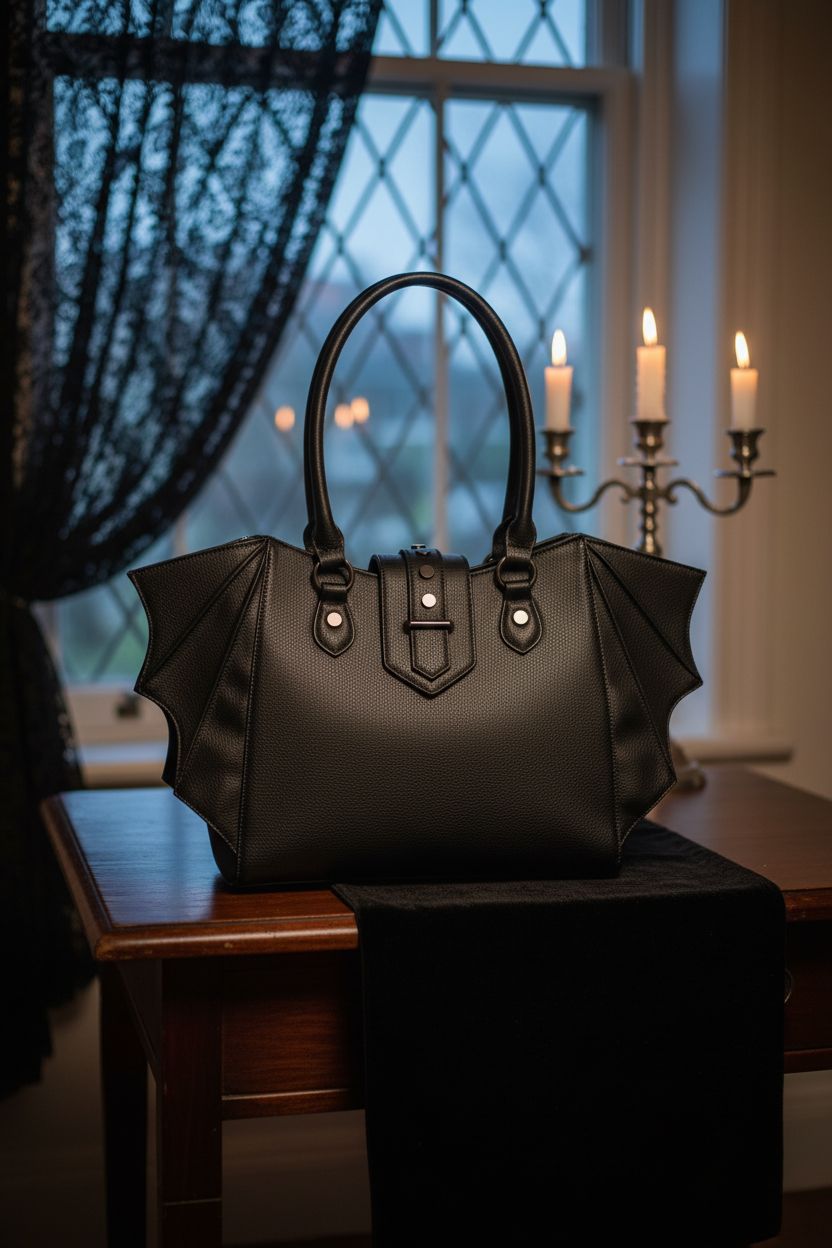 Lost Queen Gothic purse on antique table in a cozy candlelit reading nook.