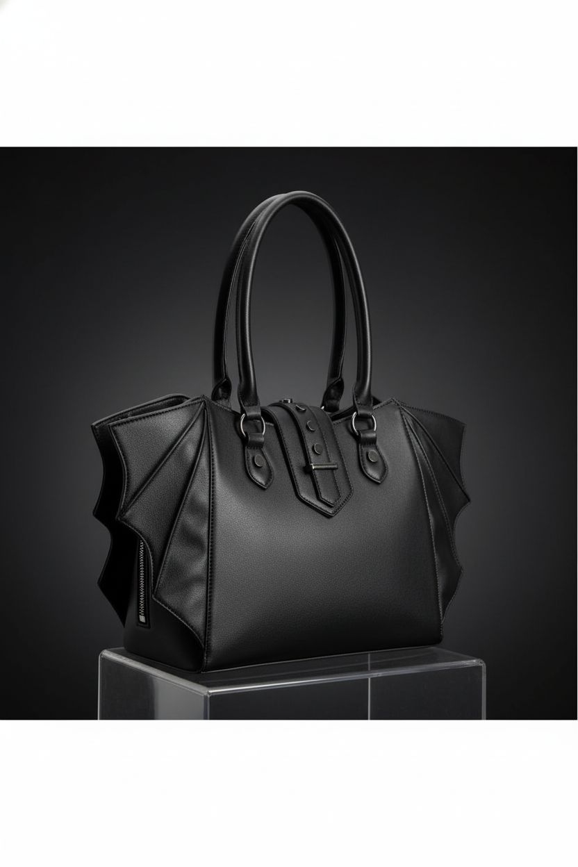 Product shot of Lost Queen Gothic Annabelle handbag, showcasing its matte black vegan leather design.
