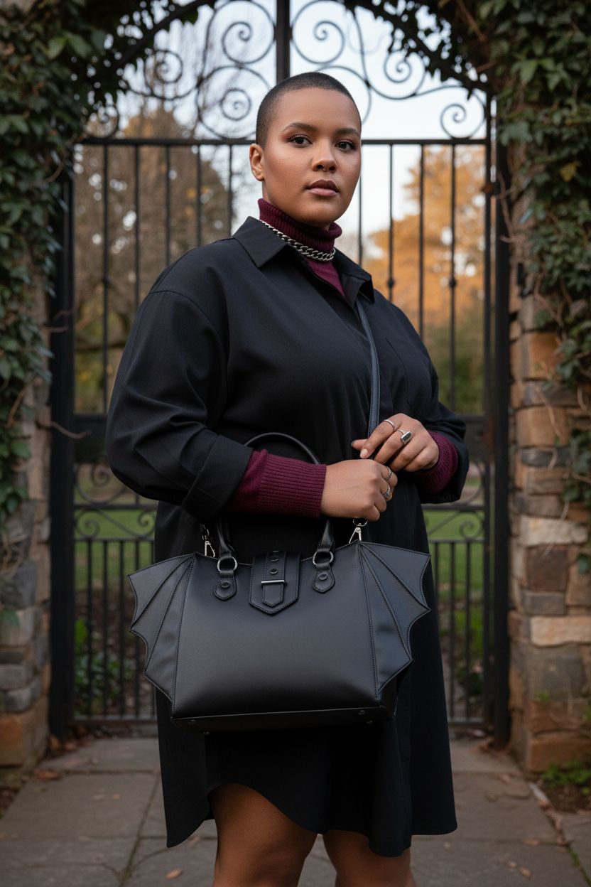 Lost Queen gothic Annabelle bat handbag, black vegan leather, styled outdoors at dusk.