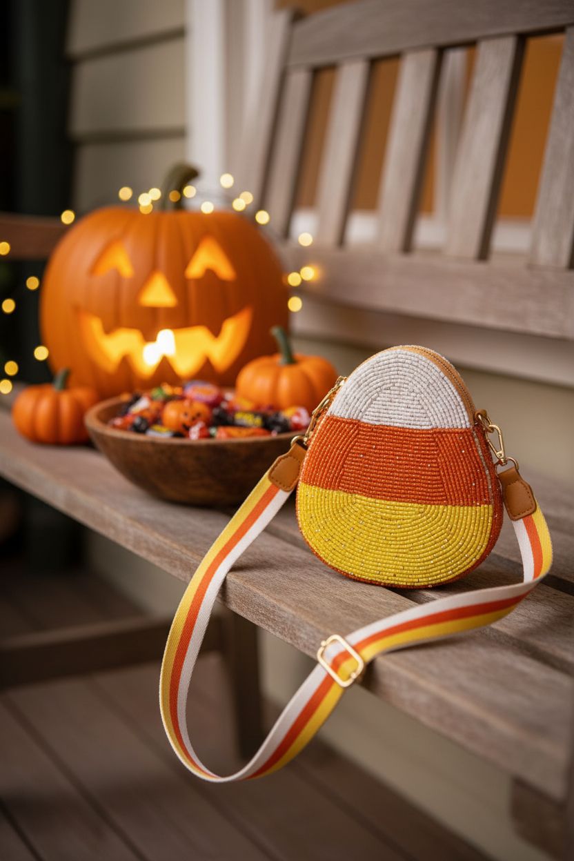 CEALXHENY Halloween purse with candy corn beads on a cozy porch, creating a festive Halloween atmosphere.