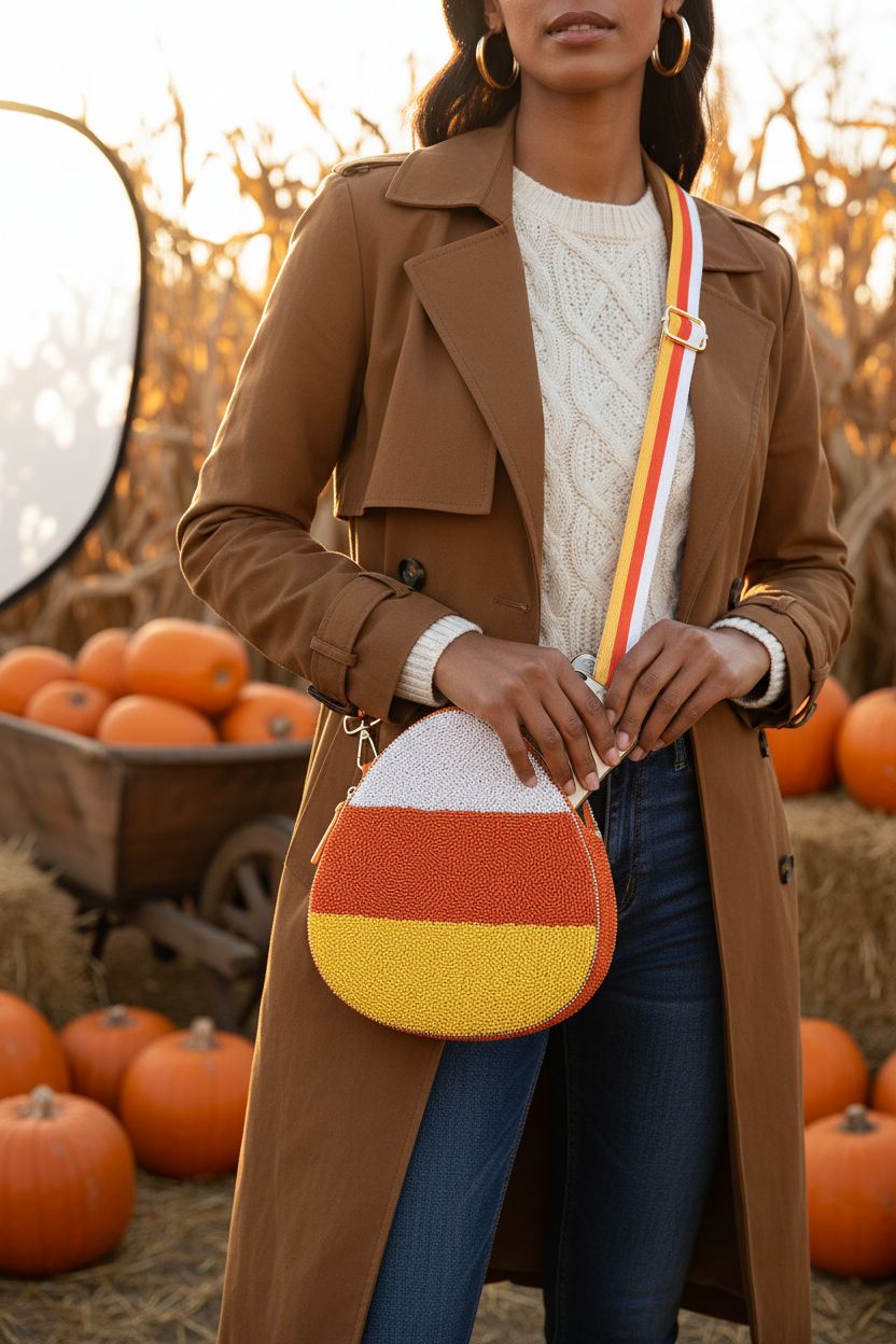 CEALXHENY Halloween purse with candy corn beads at a pumpkin patch, perfect for festive styling.