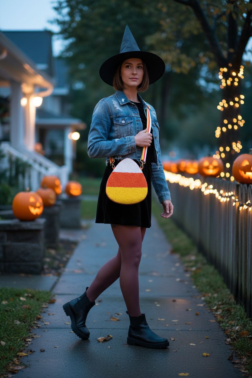 CEALXHENY Halloween purse with candy corn beads on a suburban sidewalk at dusk, ideal for Halloween celebrations.
