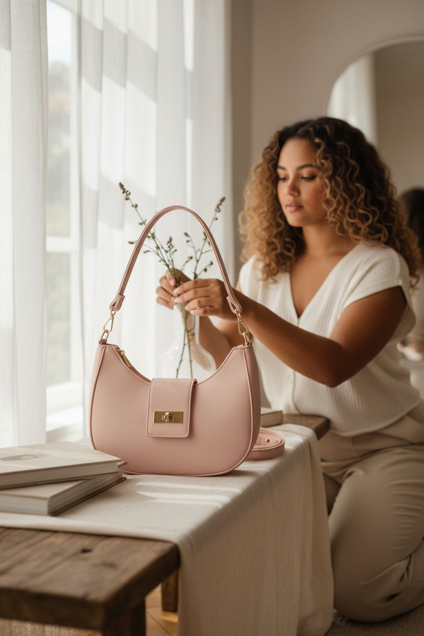NIUEIMEE ZHOU blush handbag placed on a serene bedroom bench with decor.