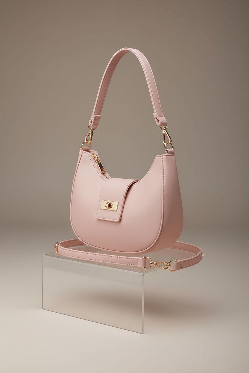 NIUEIMEE ZHOU blush crescent bag displayed on a modern seamless backdrop.