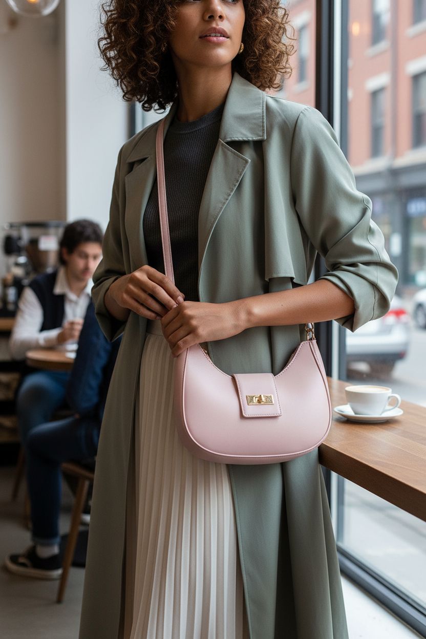 NIUEIMEE ZHOU blush vegan leather crossbody bag showcased at a café window.