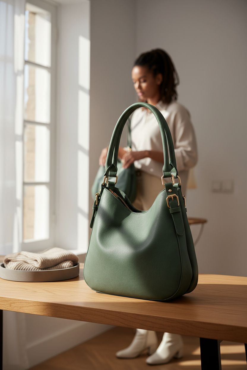 Green Smoke hobo bag by FashionPuzzle in a serene home entryway with natural light